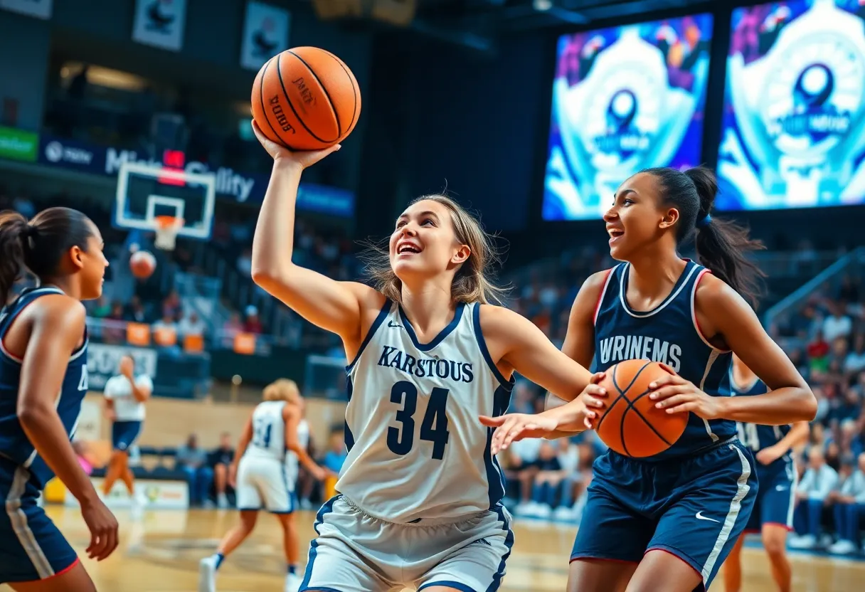 Women’s basketball players from Denver Pioneers and UTEP Miners in action during a game.