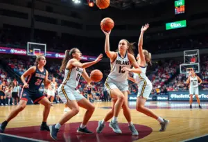 Action shot of UTEP Miners and Denver Pioneers women's basketball teams during a game