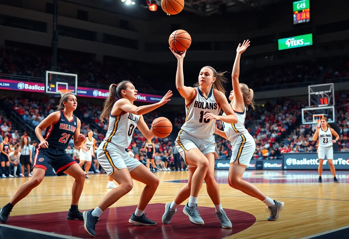 Action shot of UTEP Miners and Denver Pioneers women's basketball teams during a game