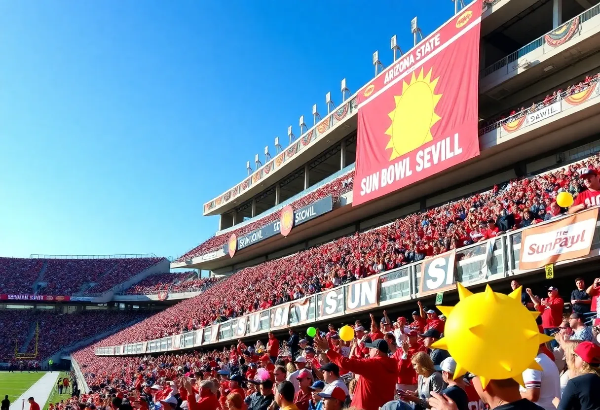 Fans celebrating at the Sun Bowl with Arizona State Sun Devils decorations