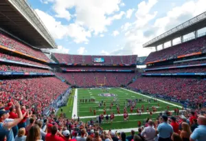 Fans cheering at the Citrus Bowl football game between Texas Longhorns and Michigan Wolverines.