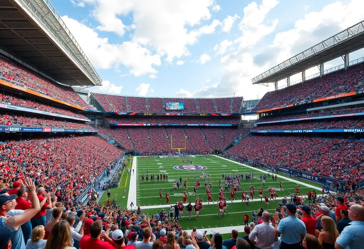Fans cheering at the Citrus Bowl football game between Texas Longhorns and Michigan Wolverines.