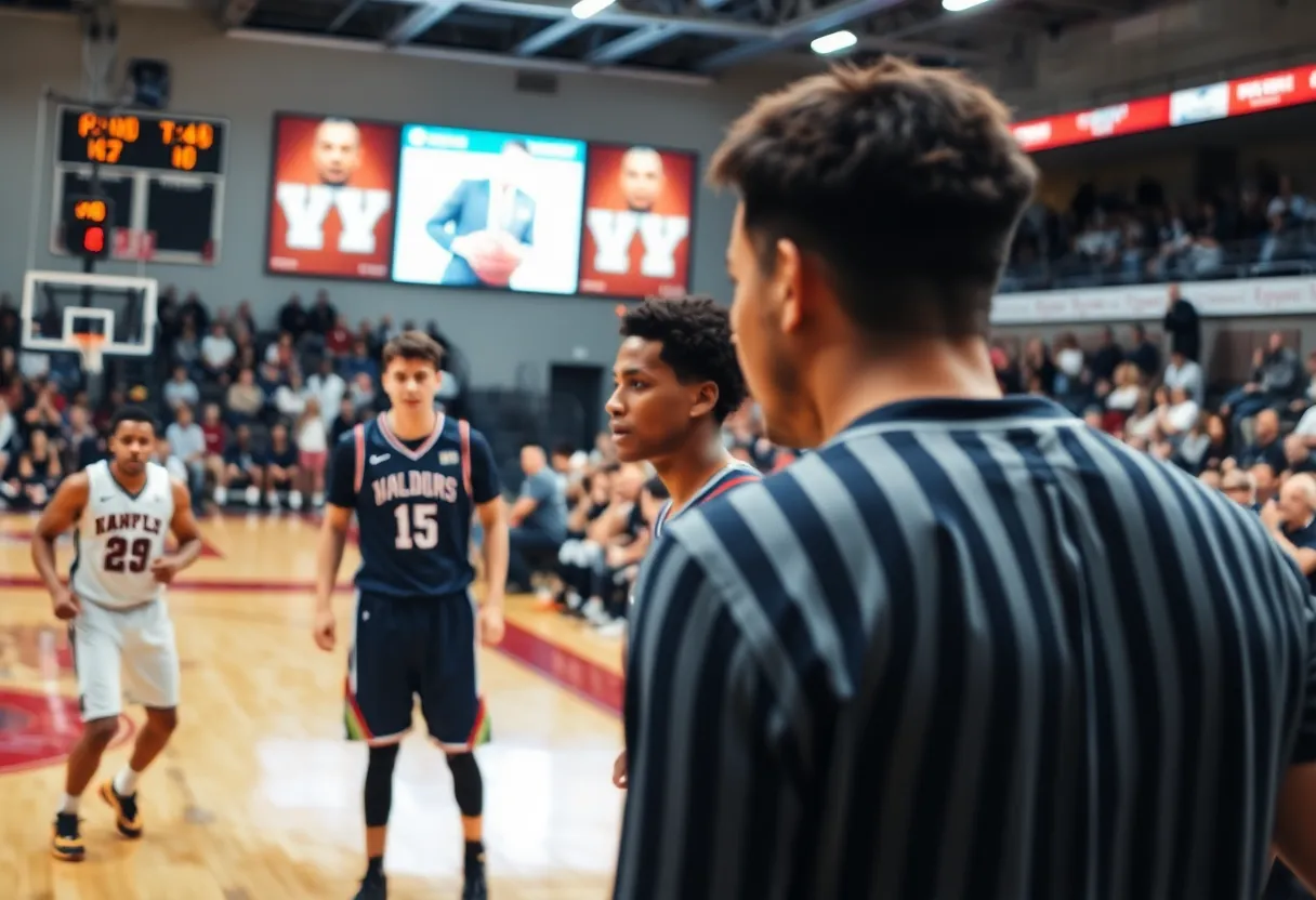 Action shot from a college basketball game with players in motion and a lively audience.