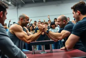 Freddy Sanchez celebrating his victory at the Texas State Arm Wrestling Championship