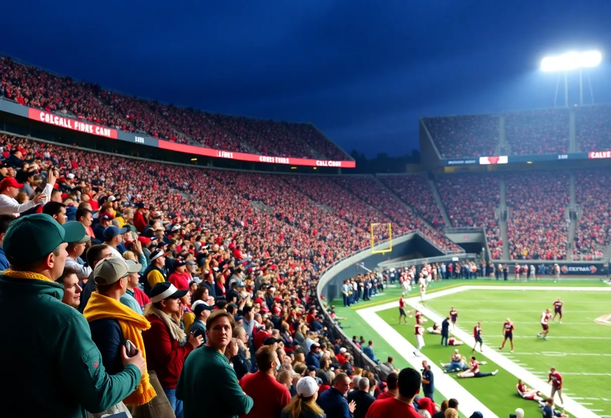 Overview of fans and players during a Hawai'i Rainbow Warriors football game