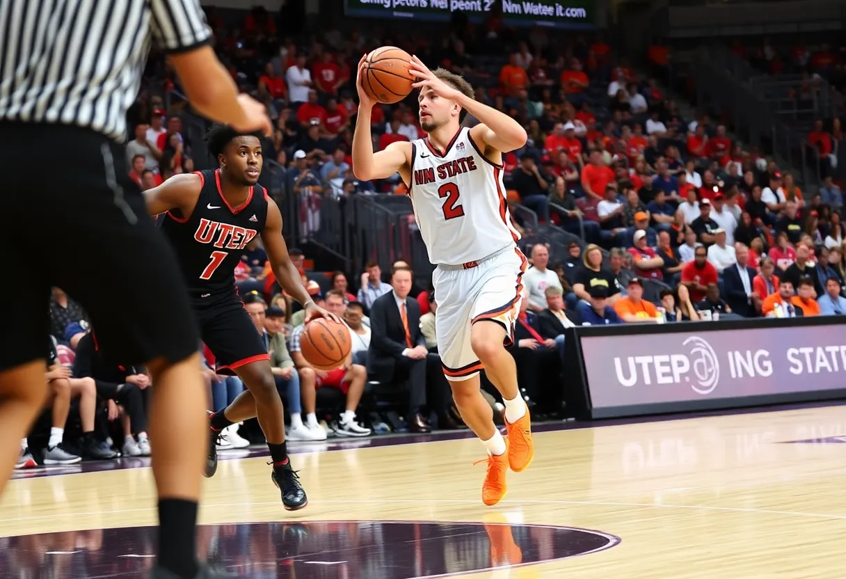 College basketball players from UTEP and NM State competing on the court.