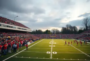 Football field at Texas A&M University Texarkana with crowds and banners