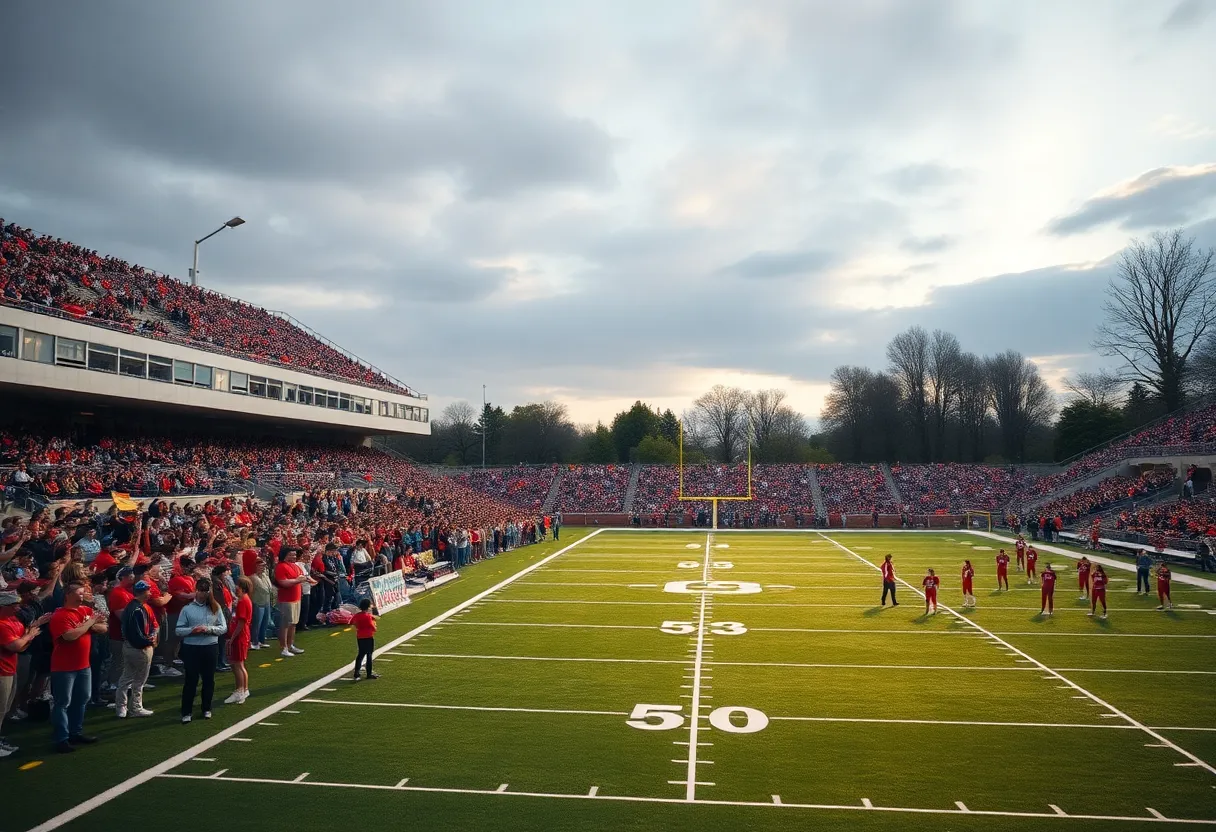 Football field at Texas A&M University Texarkana with crowds and banners