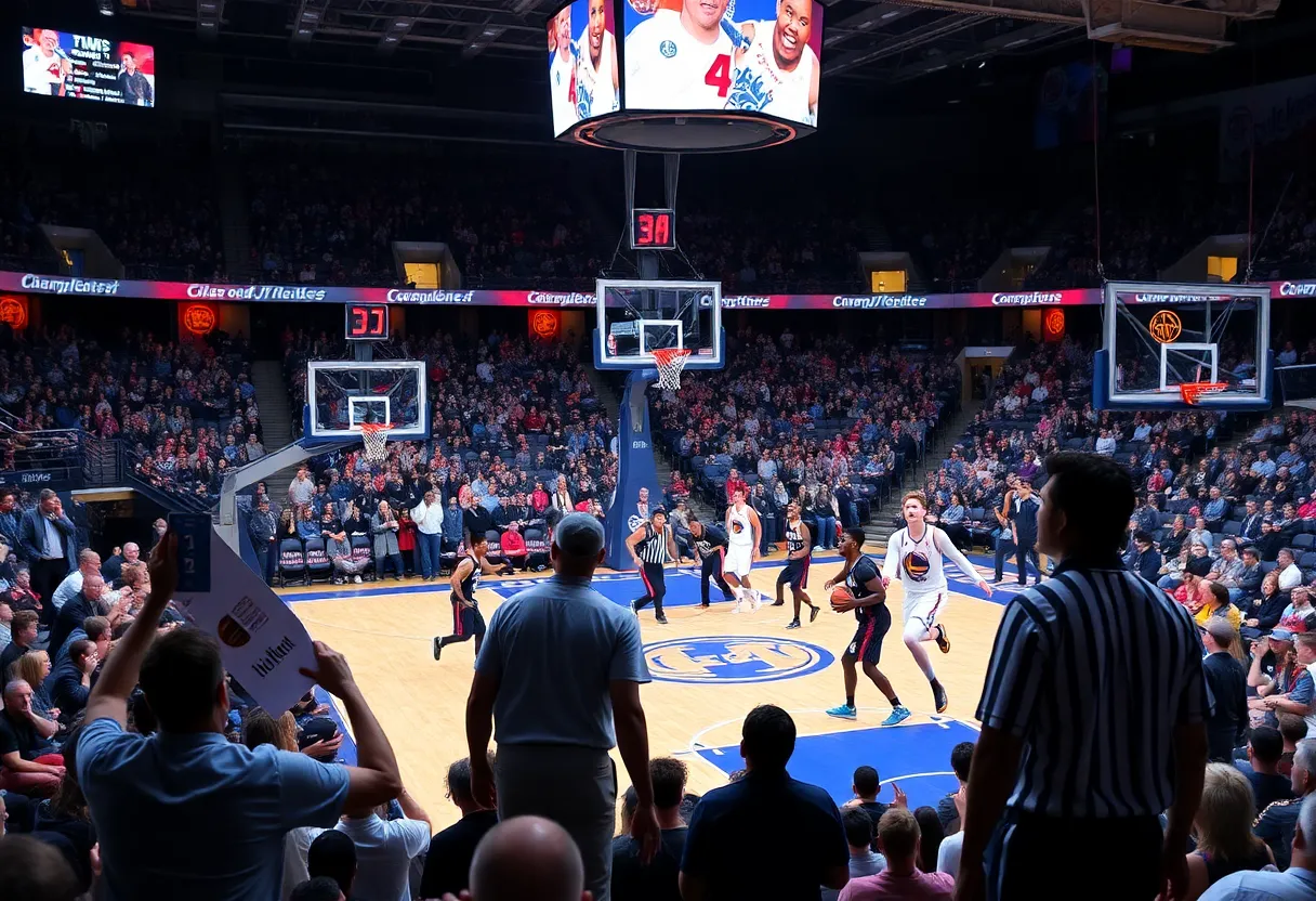 Players from UTEP and Norfolk State competing in a basketball game.