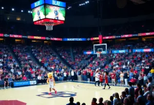 Excited fans and players in a basketball arena during the Battle of I-10