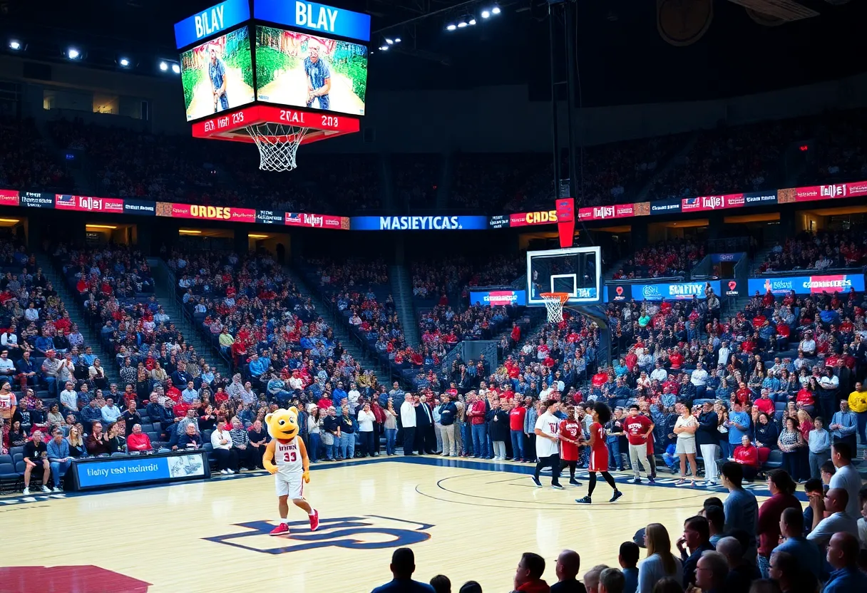 Excited fans and players in a basketball arena during the Battle of I-10
