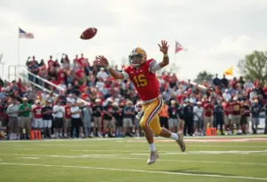 A quarterback passing the football on the field with cheering fans in the background.