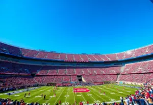 View of a college football stadium during a game between Oregon State and UTEP with cheering fans.