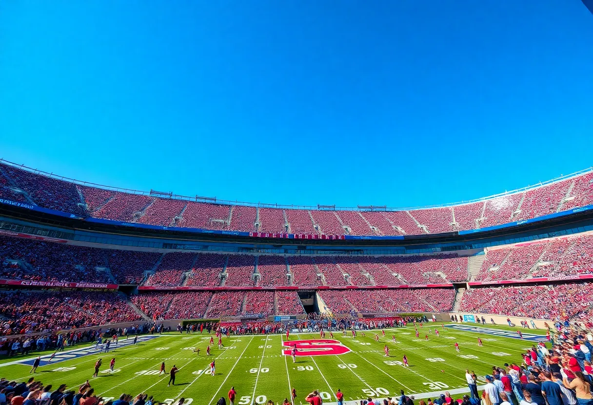 View of a college football stadium during a game between Oregon State and UTEP with cheering fans.