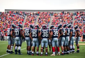 UTEP Miners football team in a huddle during practice on the field.