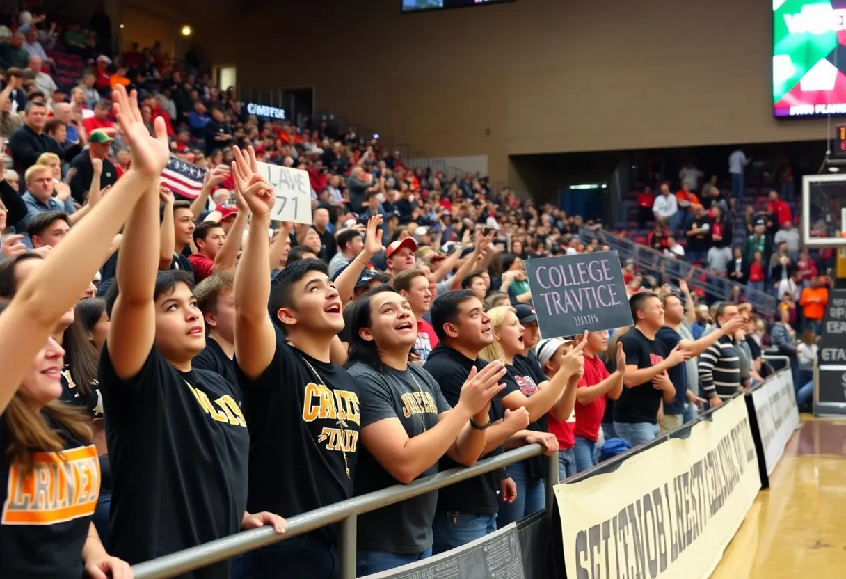 Fans cheering at the UTEP Miners basketball game against Missouri State Bears