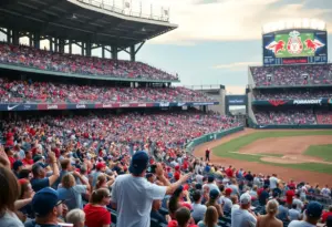 Fans cheering in a baseball stadium during a game