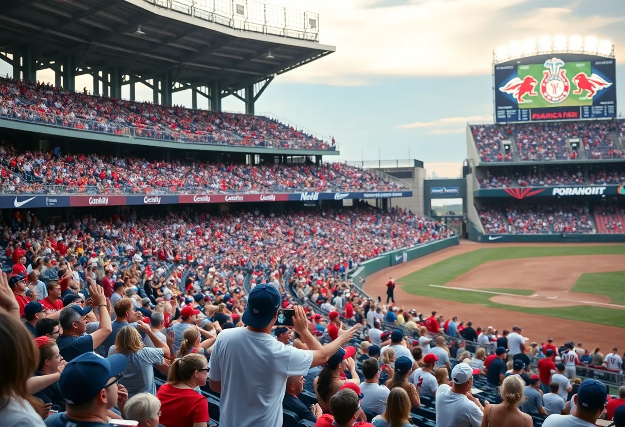 Fans cheering in a baseball stadium during a game