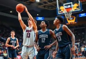 College basketball players celebrating a player's achievement