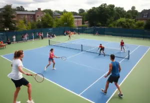 New Mexico State men's tennis players competing on the court