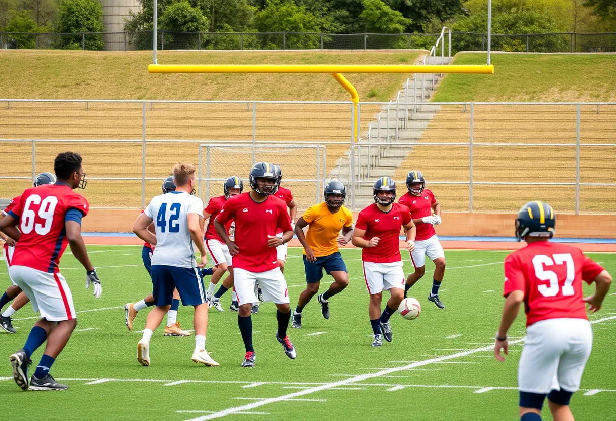 NM State Aggies players practicing on a football field