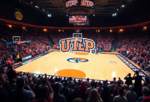 UTEP Miners basketball team celebrating their victory against Delaware
